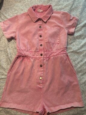 Women’s Pink Short-Sleeve Button-Front  Romper